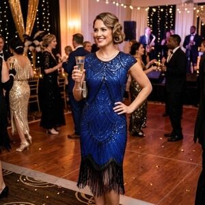 Fundaisy Royal Blue Black Sequin Flapper Dress 1920s Gatsby Fringe Cocktail M